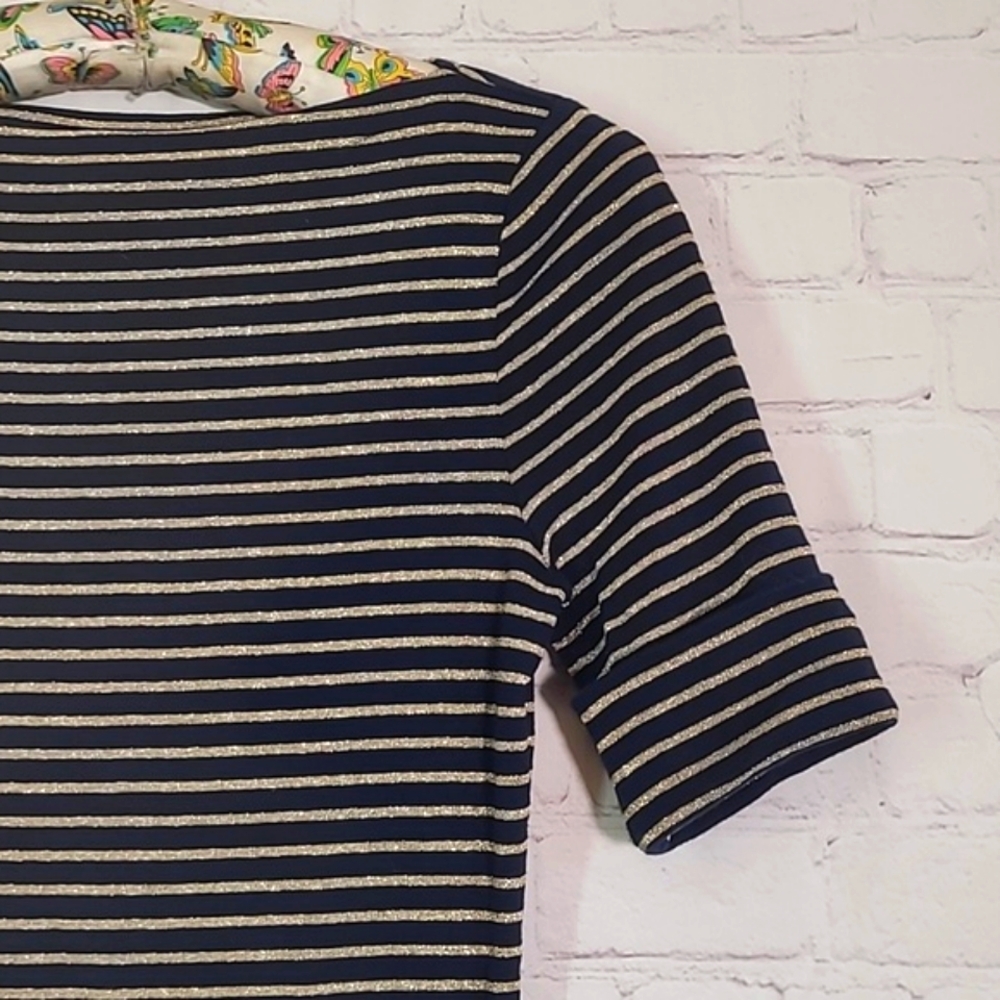 Ralph Lauren Green Tag Navy Blue & Gold Striped Quarter Sleeve Top Womens Size S - Picture 6 of 12